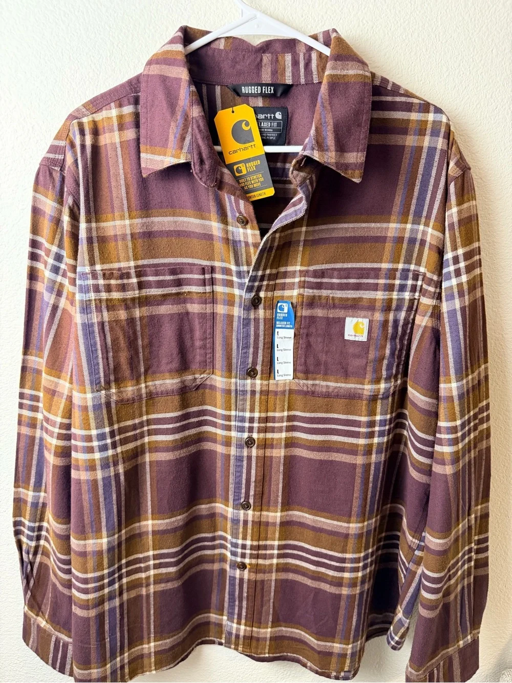 Carhartt Men’s Large Rugged Flex Plaid Flannel Shirt Relaxed Fit Brown Burgundy